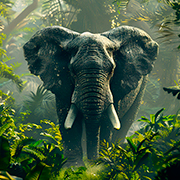 Elephant walking toward the camera, surrounded by wildlife in its natural habitat